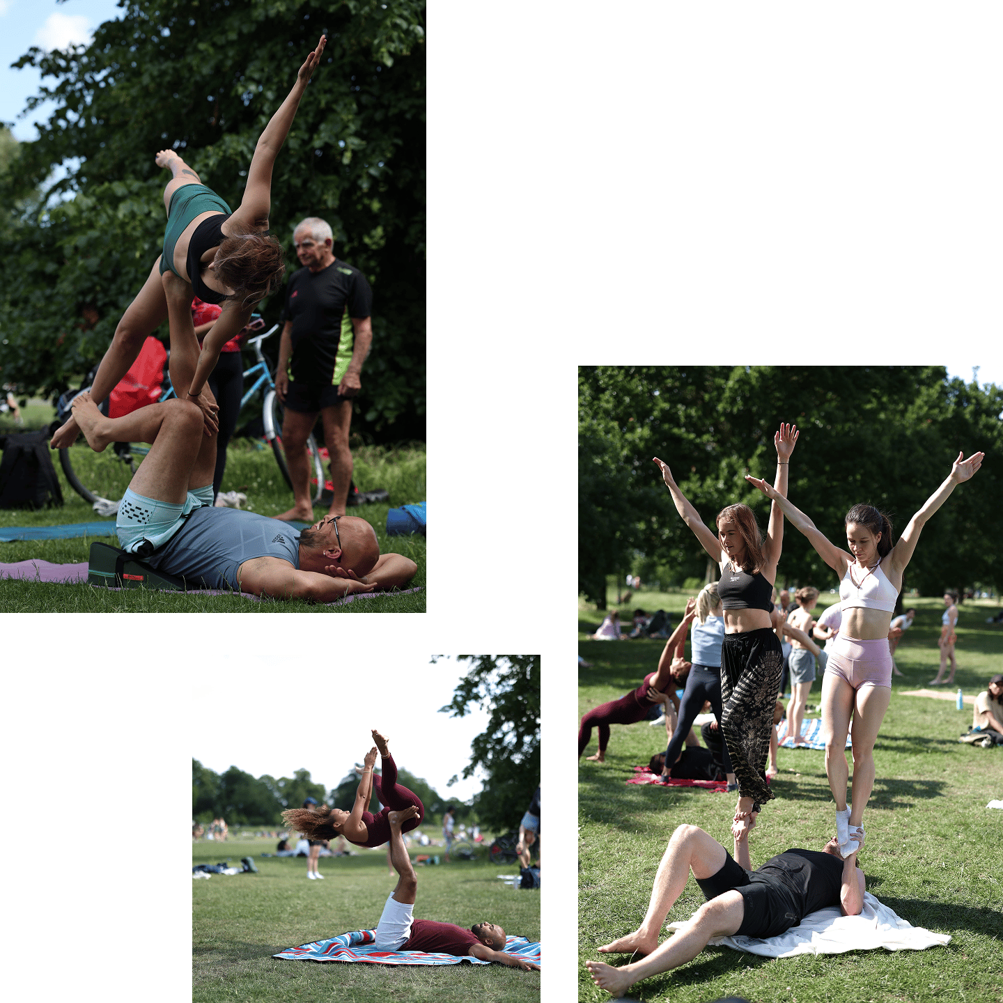 A collage of acro yoga images from the clapham common acro jam